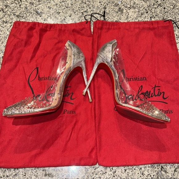 Christian Louboutin Degrastrass PVC 100/Specchio Rhinestone Clear/Silver Heels - Picture 5 of 14